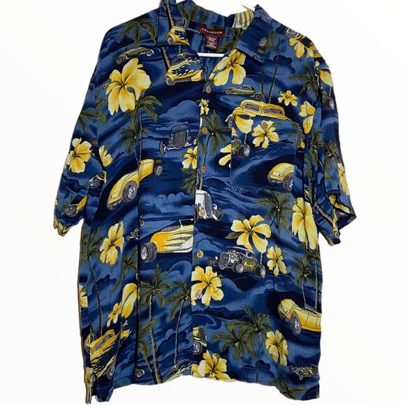 Covington Hawaiian Button Down Shirt Hibiscus Tropical Blue Yellow Large - Picture 1 of 4